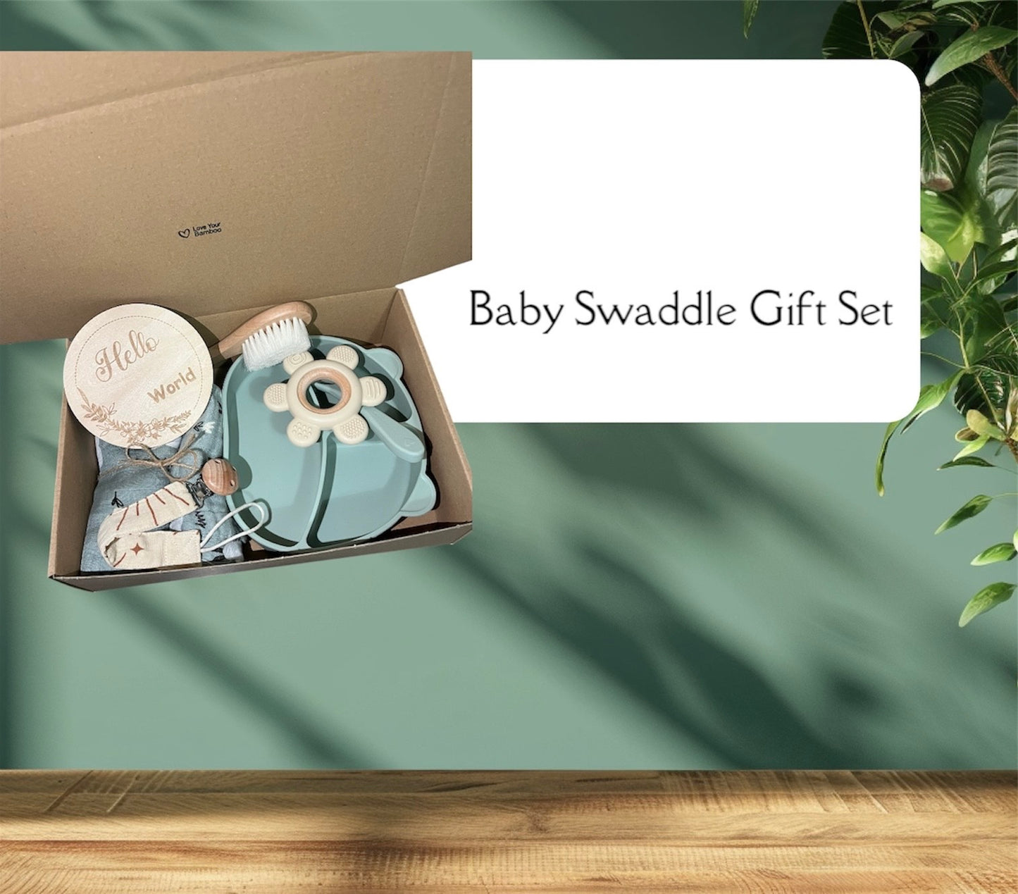 baby Swaddle Gift Set box with green silicone plate