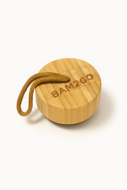 Bamboo product with a rope handle on a white background, featuring the brand 'BAM2GO'.