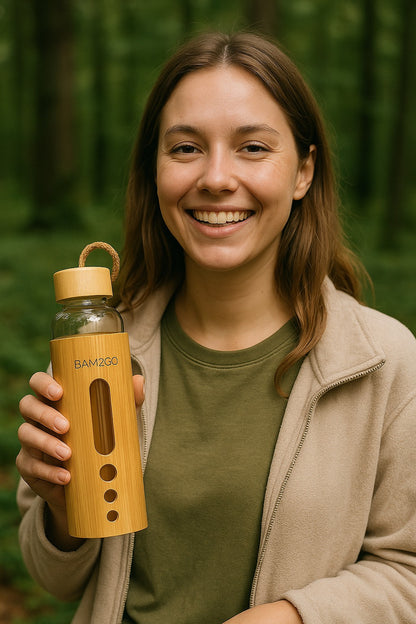 Woman holding a bamboo water bottle in a forest setting