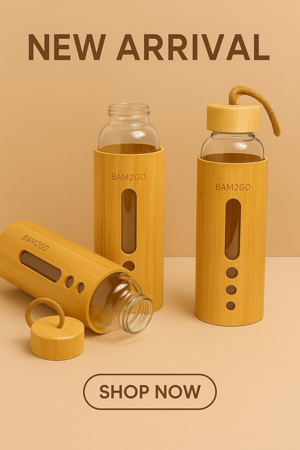 Set of glass bottles with yellow accents on a beige background, featuring the brand 'BAMBOO'.