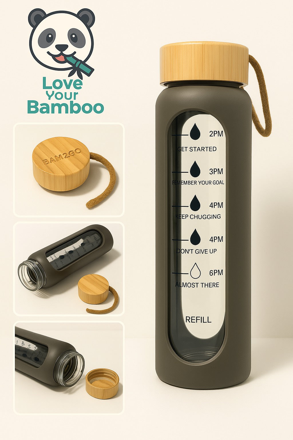Bamboo water bottle with motivational time markers and bamboo cap on a beige background.